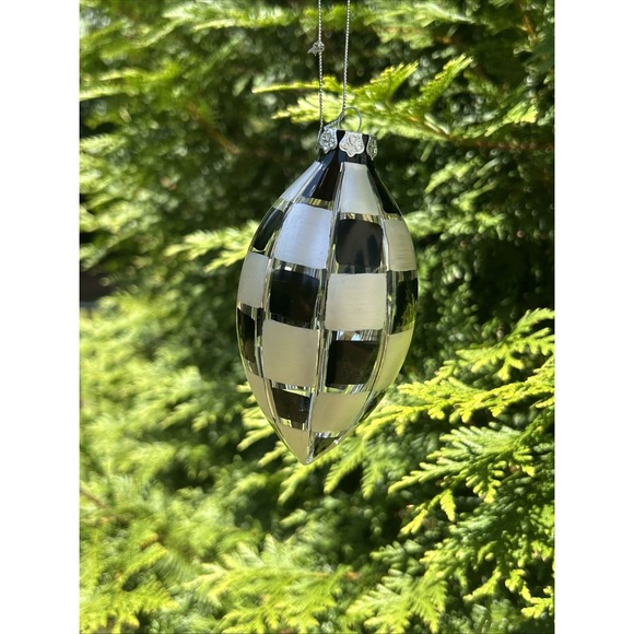 Christmas Ornaments Black White Hand‎ Painted Glass Checkered Large Set Of 7 - Picture 2 of 4